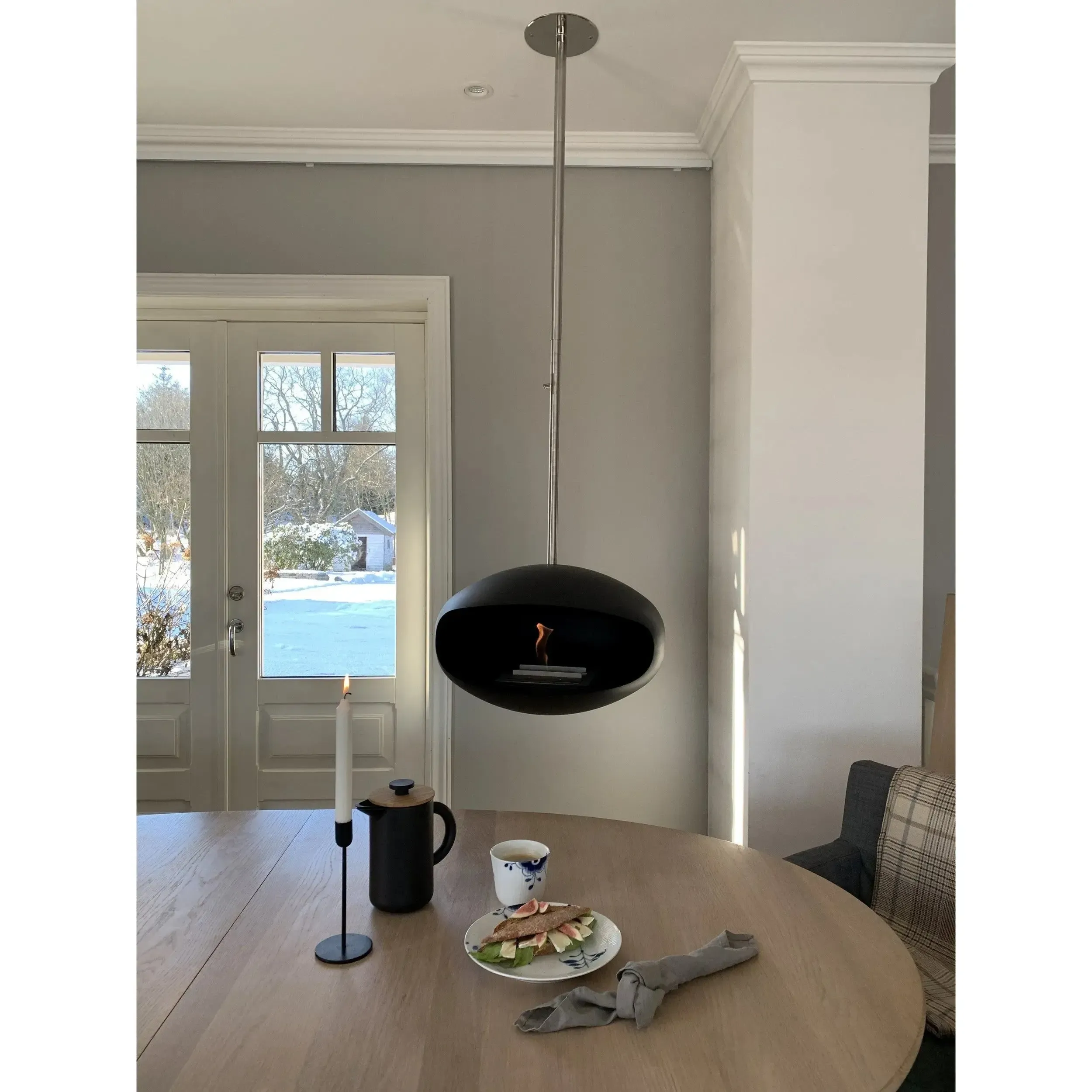 Cocoon Aeris Hanging Ethanol Fireplace - Matt Black With Angled Pole - Image 4