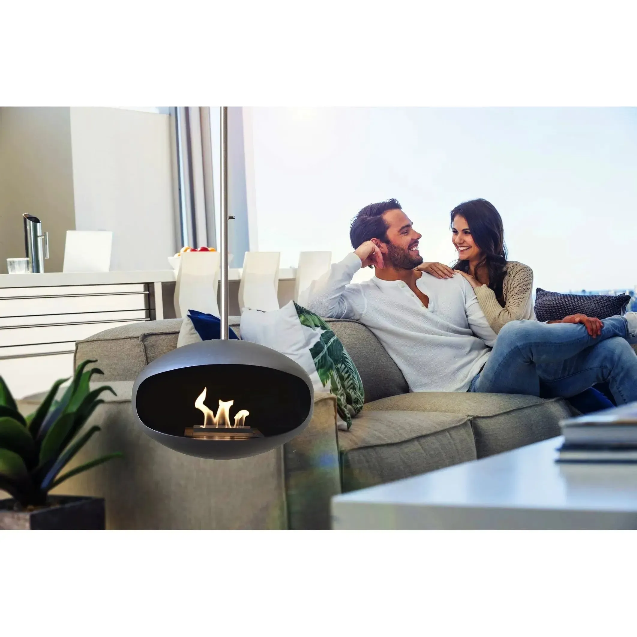 Cocoon Aeris Hanging Ethanol Fireplace - Matt Black With Angled Pole - Image 5