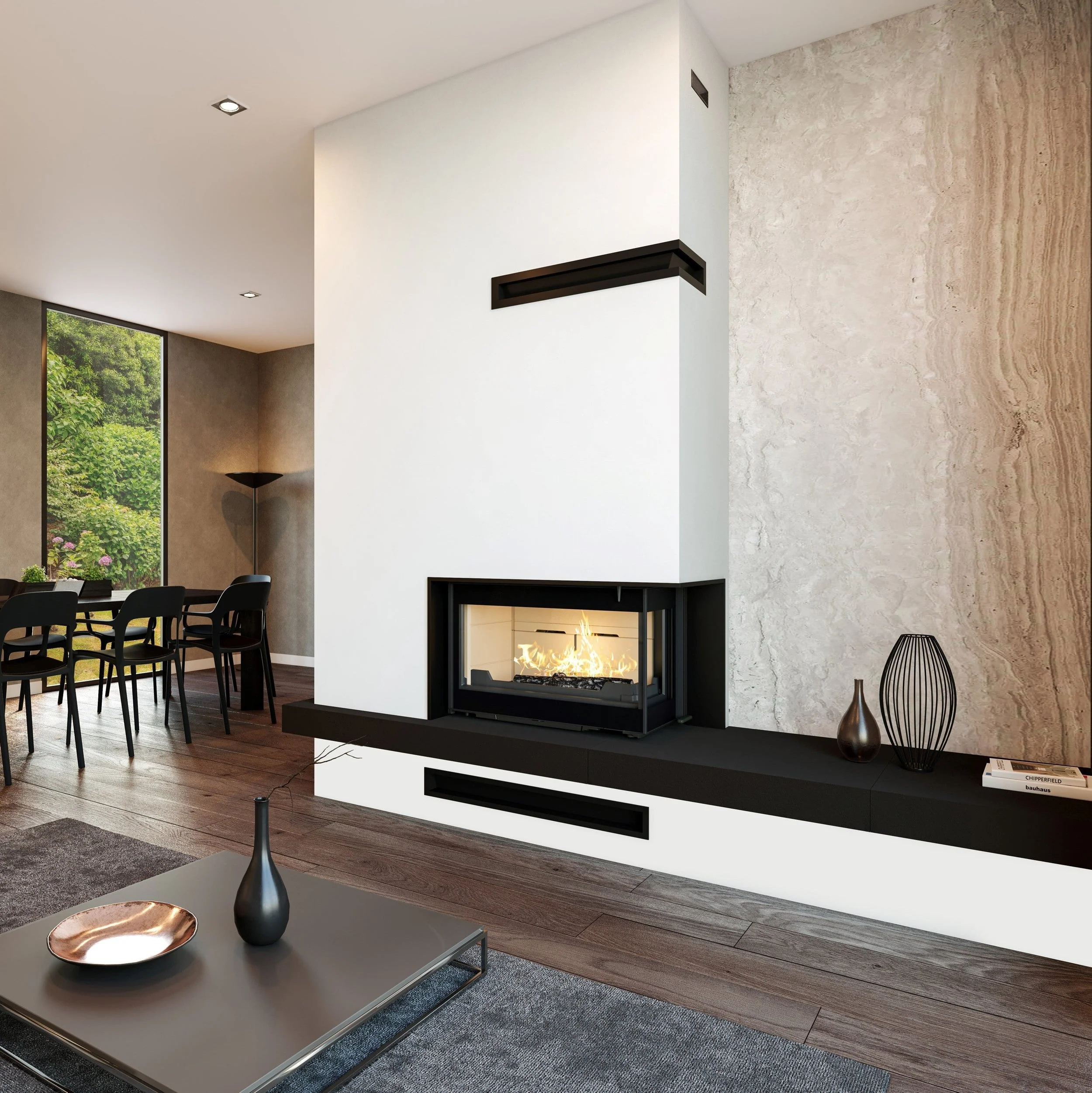 Seguin Visio 8 Plus Wood Fireplace With Right Sided Glass, Lift, Black Line Glass & Brick Lining