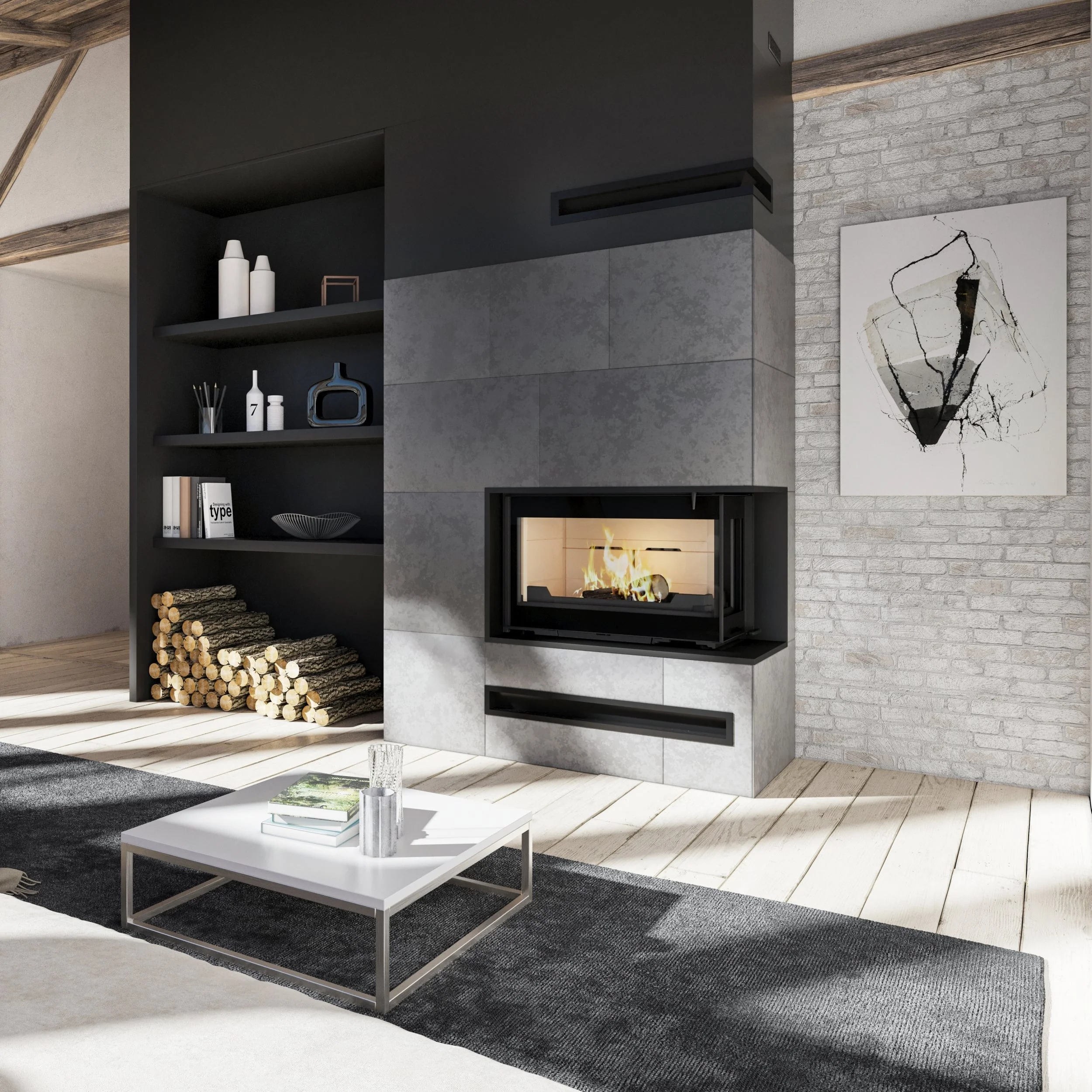 Seguin Visio 8 Plus Wood Fireplace With Right Sided Glass, Lift, Black Line Glass & Brick Lining - Image 2
